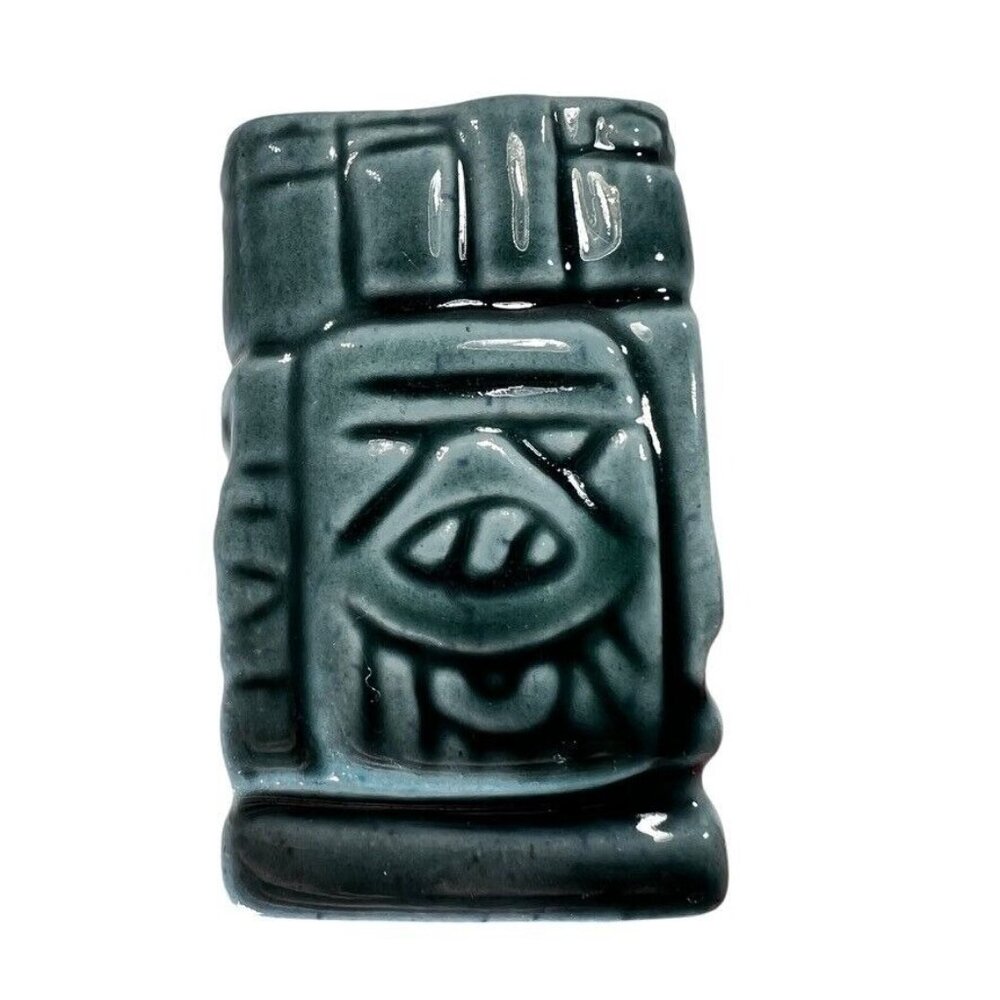 Vtg 1960 Ceramic Tiki Decanter Cork Shot Glasses Aztec Mayan Idol Green Set of 7 - Picture 10 of 16